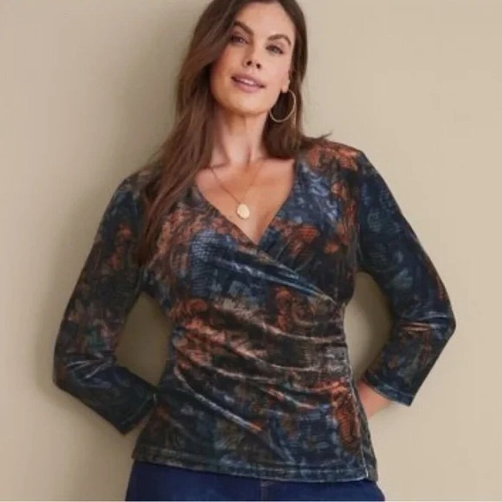 SOFT SURROUNDINGS Velvet Stretch Alyssa Top in Tapestry Floral Sz V-Neck Sz M